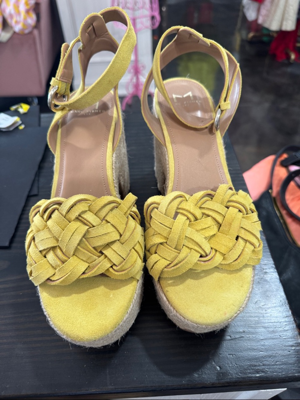 Marc Fisher Yellow Braided Suede Espadrille Wedge Sandals
